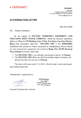 AUTHORIZATION LETTER Inframet Tecotec Optronics