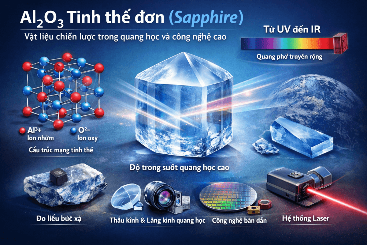 Al₂O₃ tinh thể đơn (Sapphire) – Vật liệu chiến lược trong quang học và công nghệ cao
