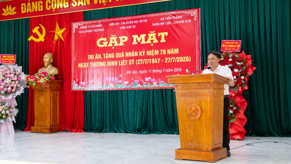 Công ty Cổ phần Thiết bị và Giải pháp Quang điện tử Tecotec cùng Viện Khí tài tri ân cựu chiến binh, gia đình liệt sĩ thôn Mỹ Lộc nhân 79 năm Ngày Thương binh Liệt sĩ 22 Đại diện lãnh đạo thôn Mỹ Lộc phát biểu đáp từ tại lễ gặp mặt tri ân thương binh liệt sĩ